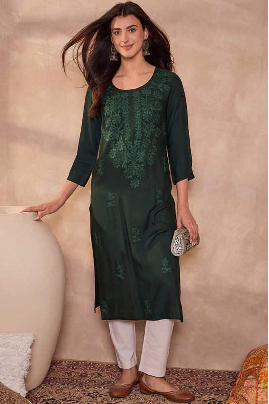 Green Floral Embroidered Viscose Rayon Kurti