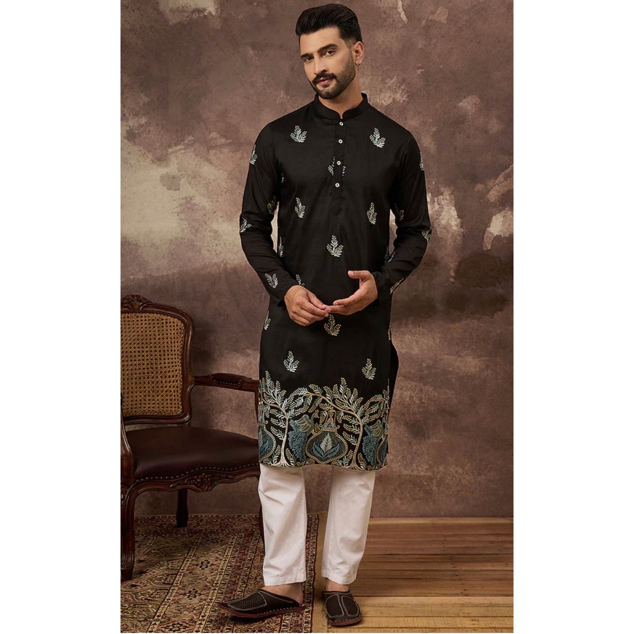 Black Silk Blend Solid Embroidered Straight Kurta