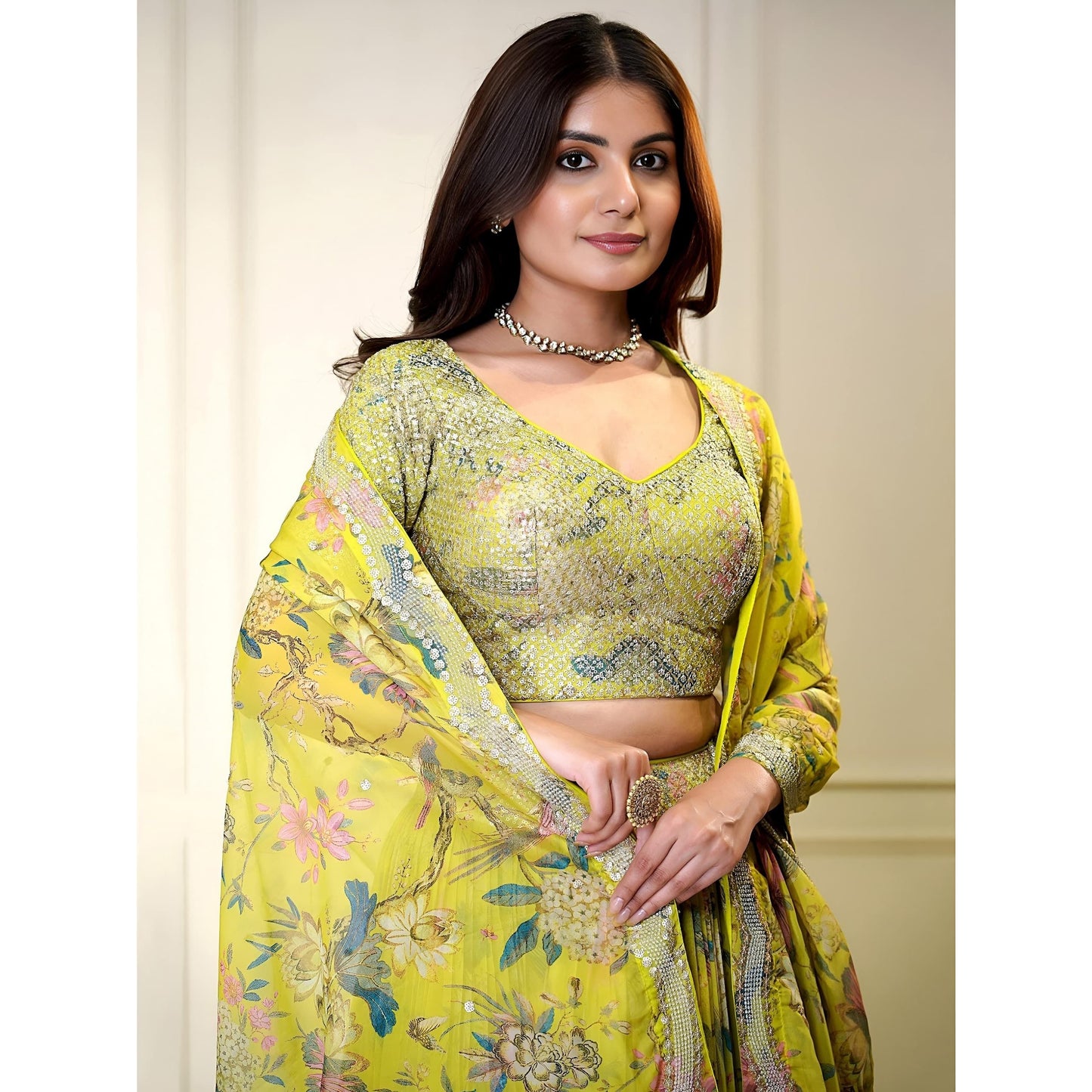 Yellow Floral Shimmer Organza Lehenga Set with Sequins & Zari Work