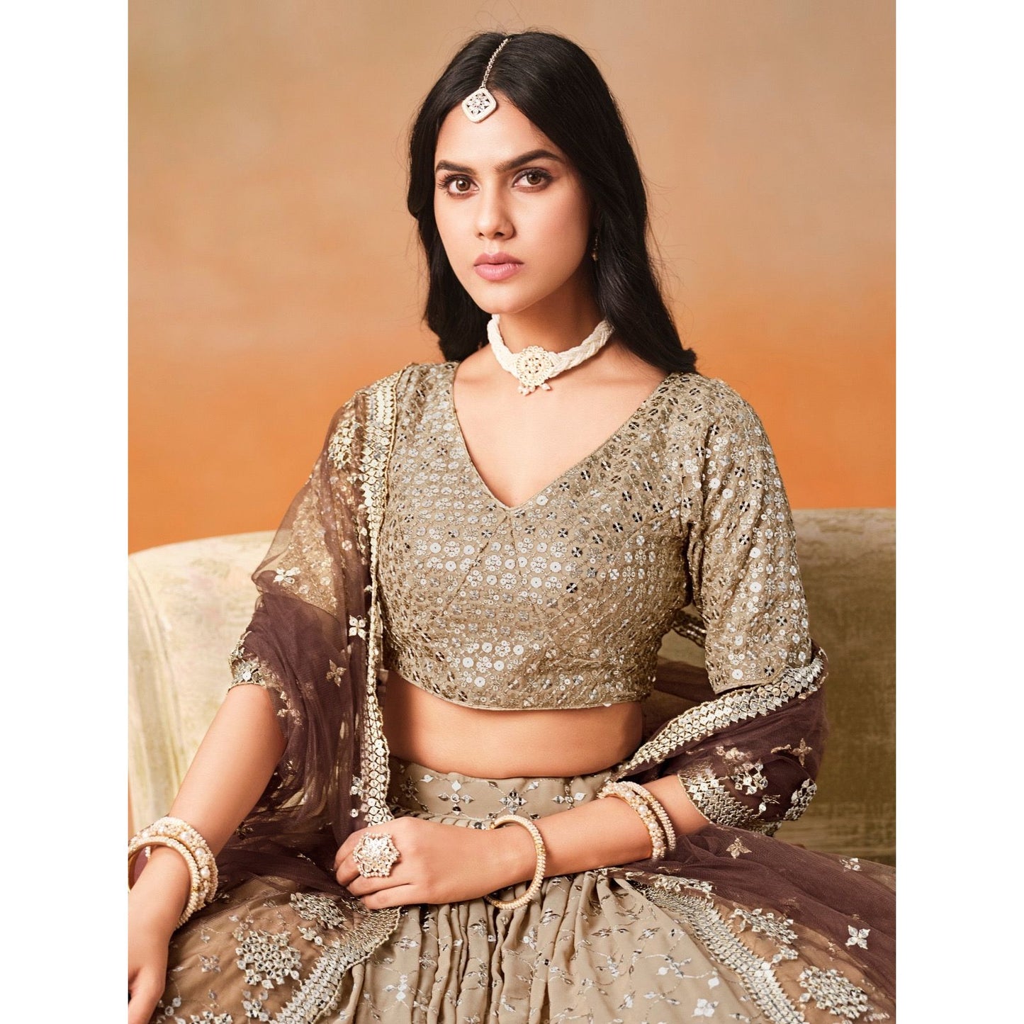 Georgette Sequins Zari Embroidered Lehenga Choli Set (Brown) Pre Order Only