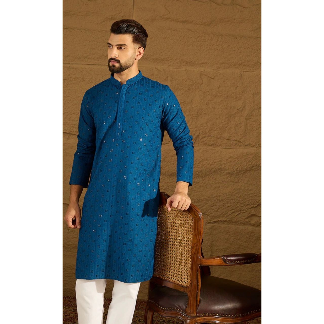 Blue Viscose Rayon Solid Embroidered Straight Kurta