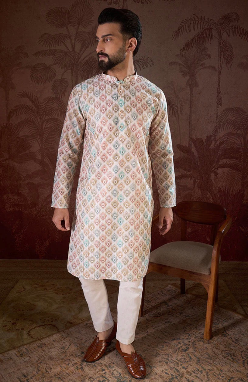 Off White Silk Blend Ethnic Motifs Printed Straight Kurta