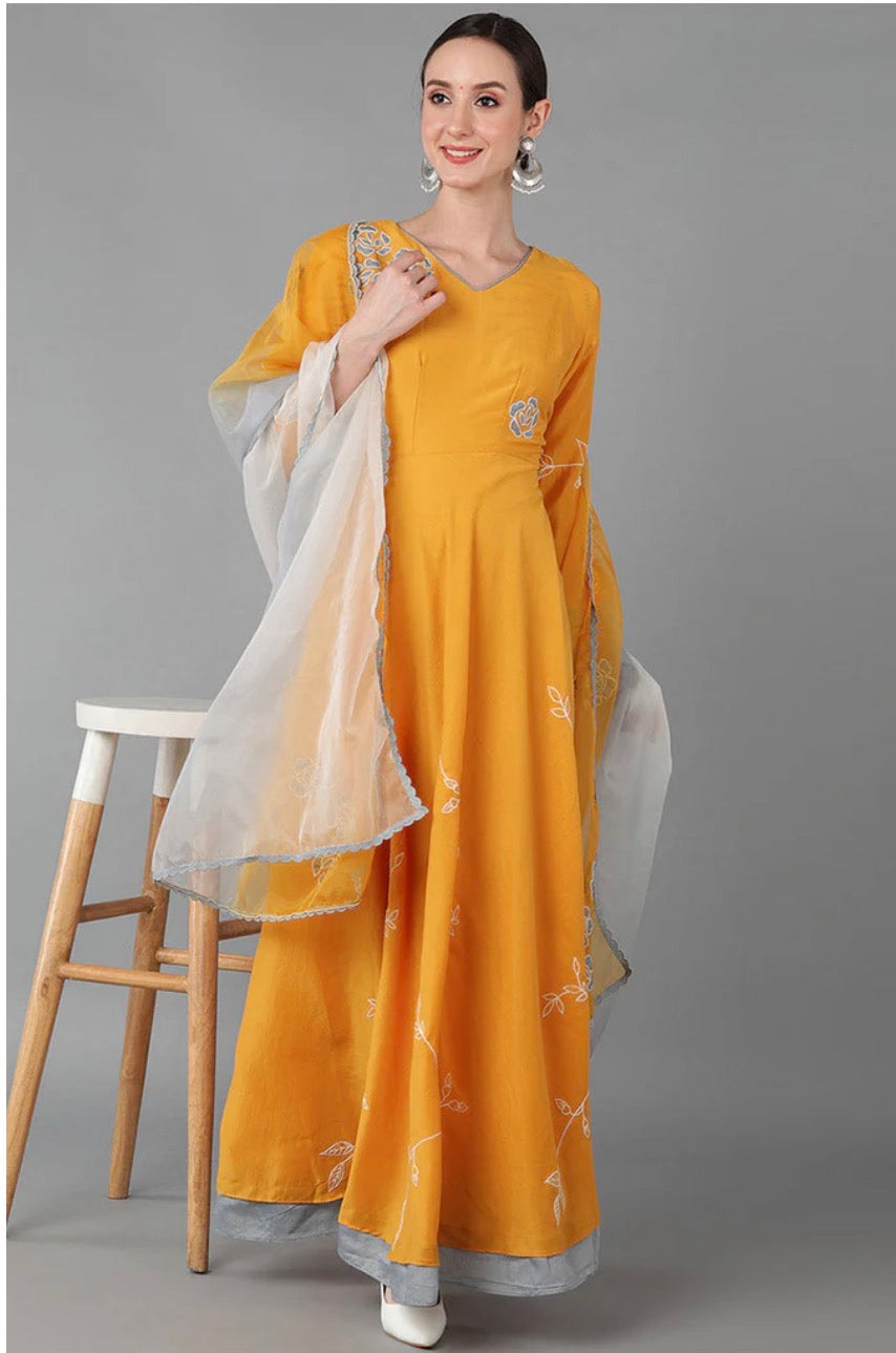 Mustard Silk Blend Flared Kurta With Dupatta