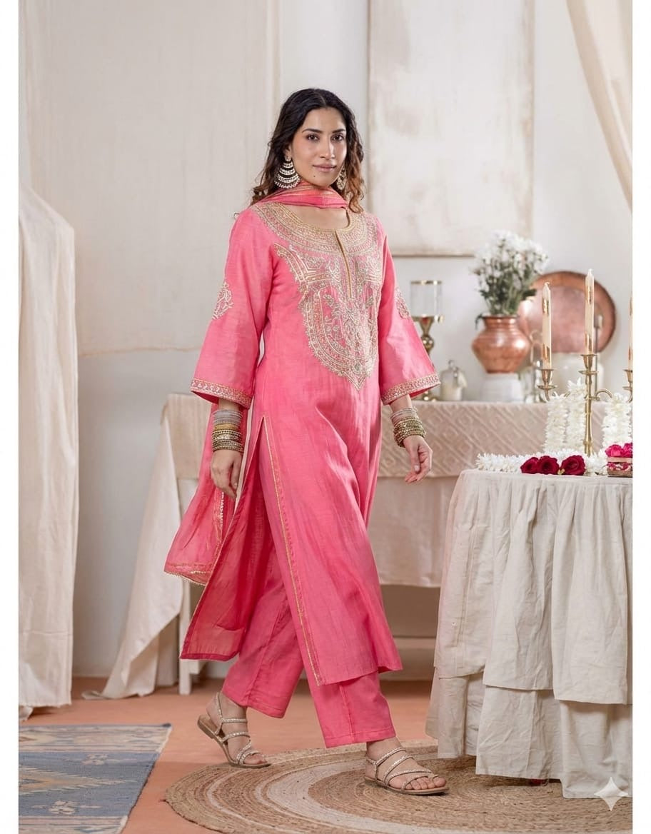 Gold Embroidered Pink Cotton Kurta Set