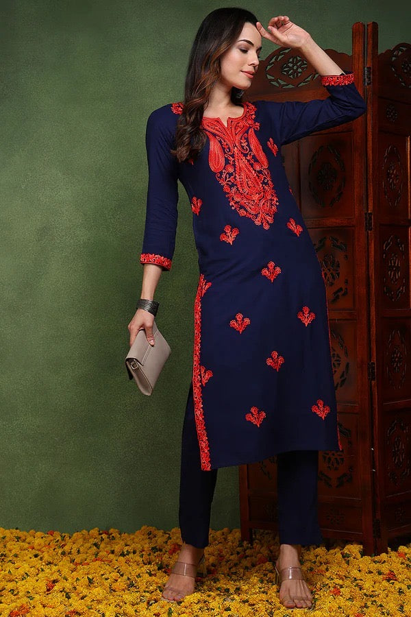 Dark Blue Chikankari Kurti/Kurta for Women