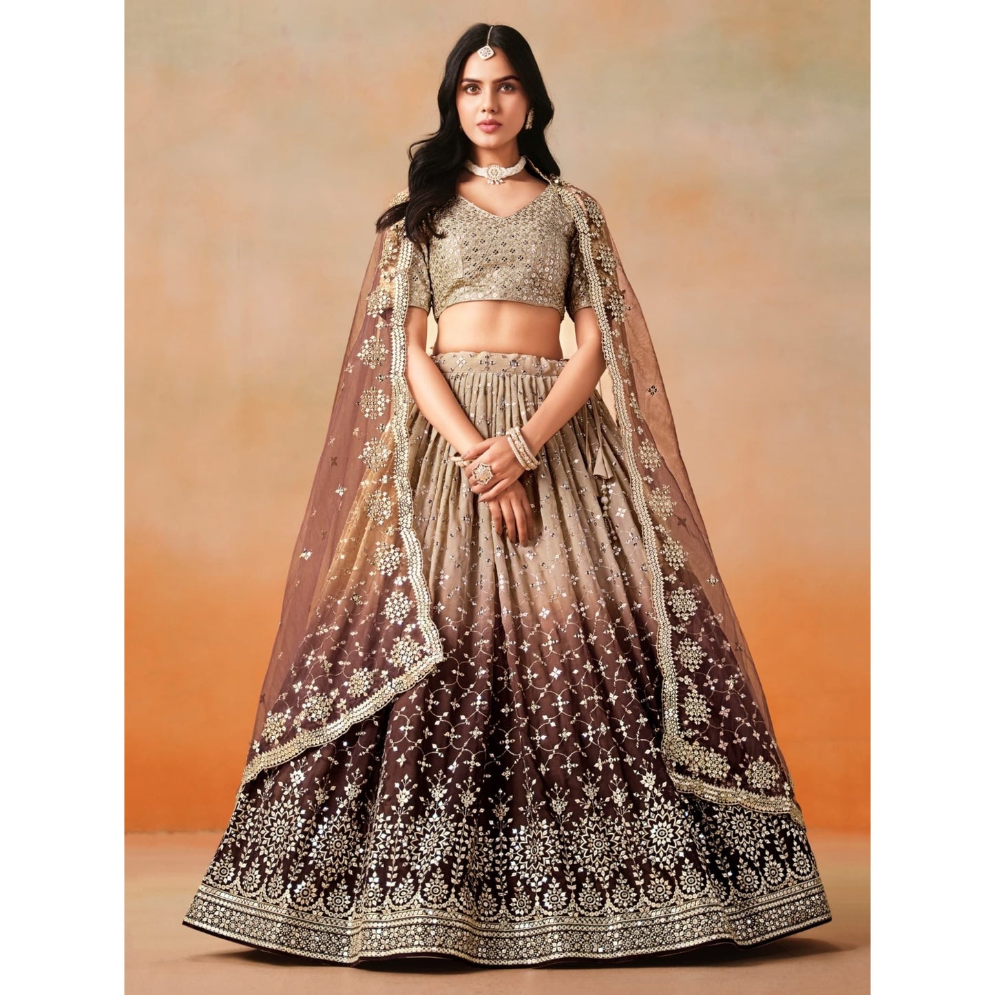Georgette Sequins Zari Embroidered Lehenga Choli Set (Brown) Pre Order Only