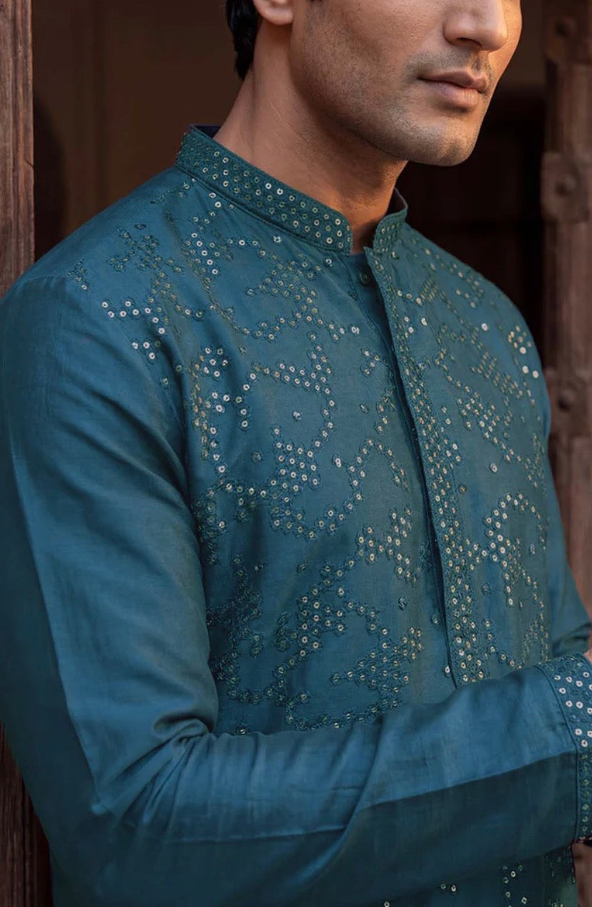 Teal Embellished Silk Kurta with Sequin Detailing | Men's Ethnic Wear
