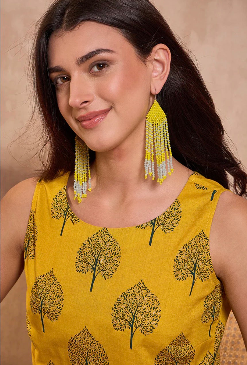 Yellow Cotton Blend Floral Printed Top