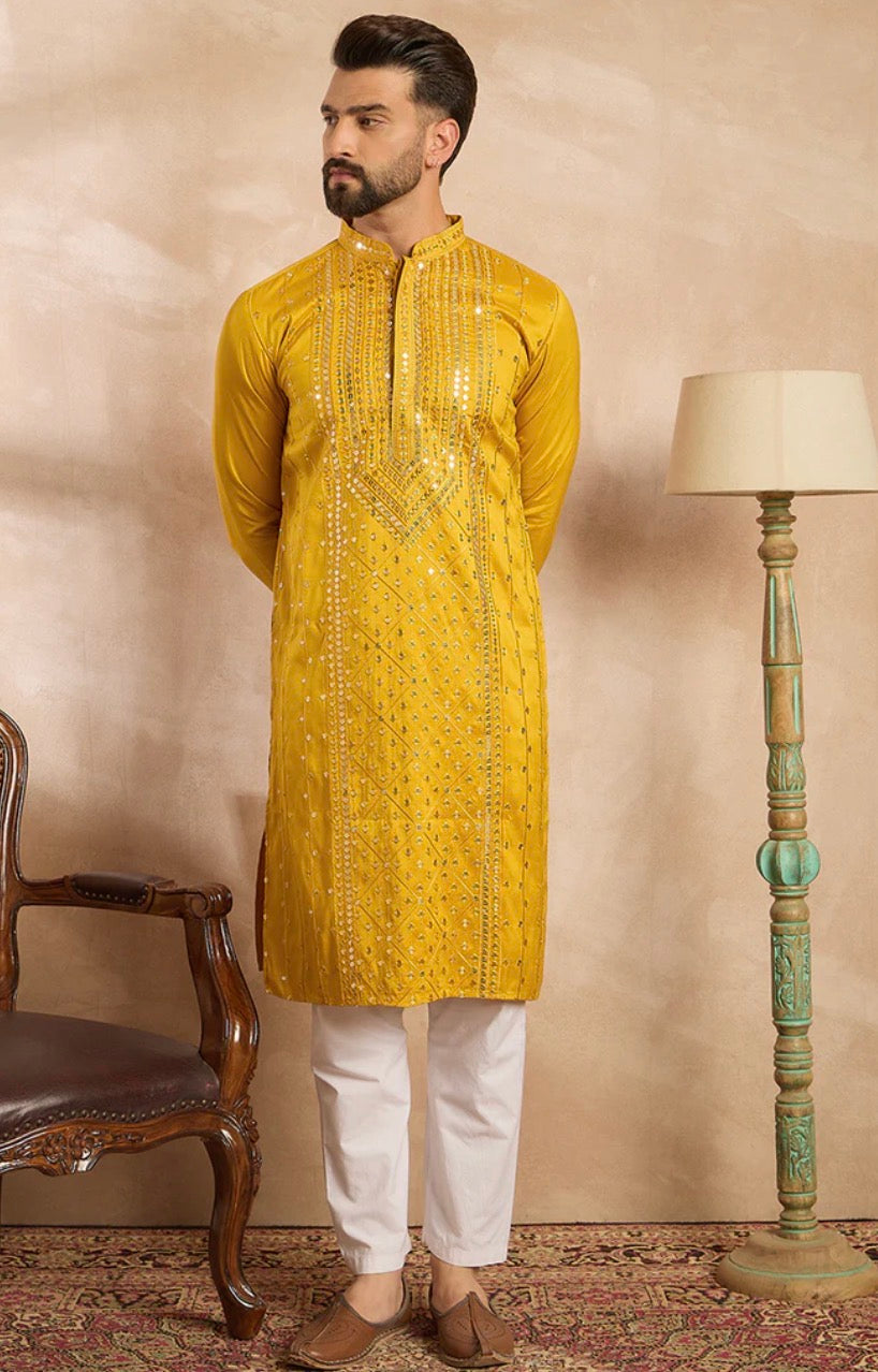 Yellow Silk Blend Geometric Embroidered Straight Kurta