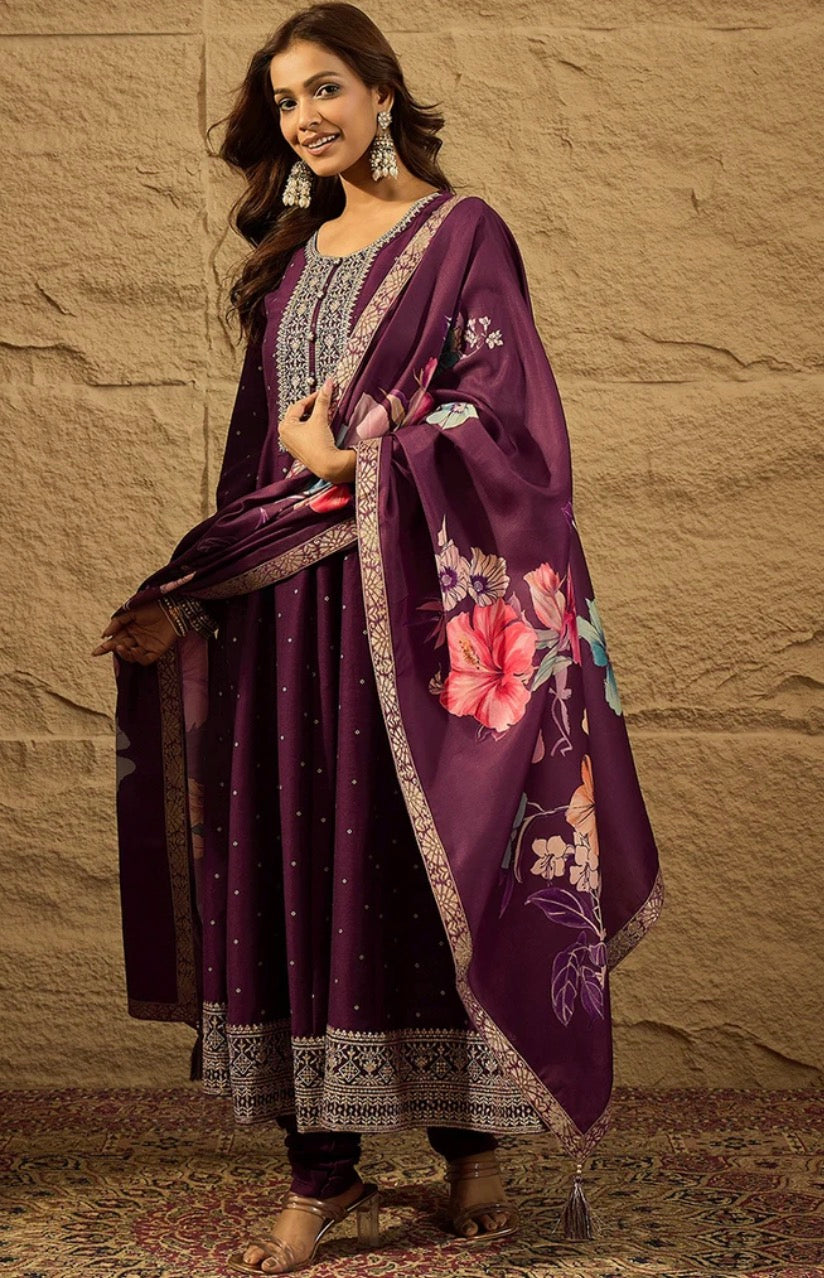 Purple and Gold Embroidered Anarkali Kurta Set