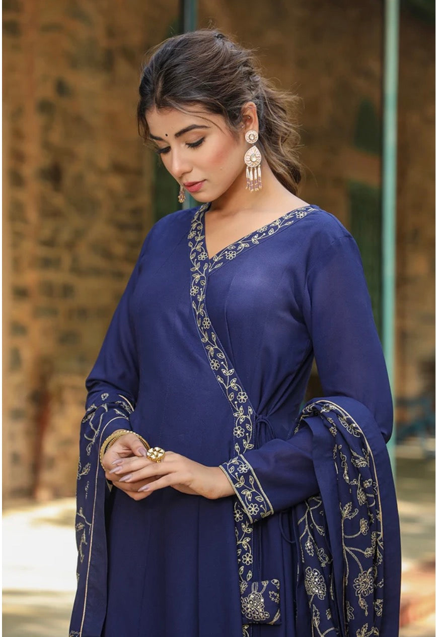 Navy Blue Georgette Angrakha Pant With Dupatta