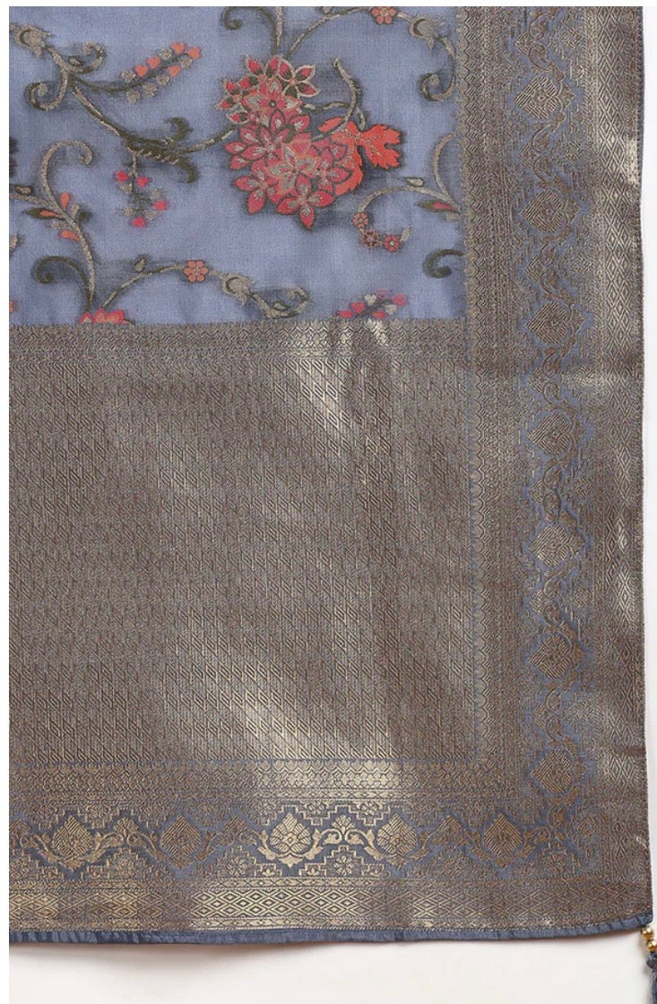 Grey Chanderi Solid Woven Design Straight Suit Set