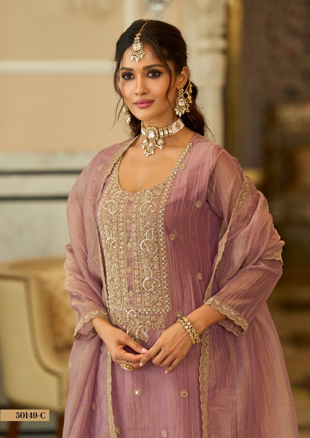Mauve Embroidered Palazzo Set with Dupatta