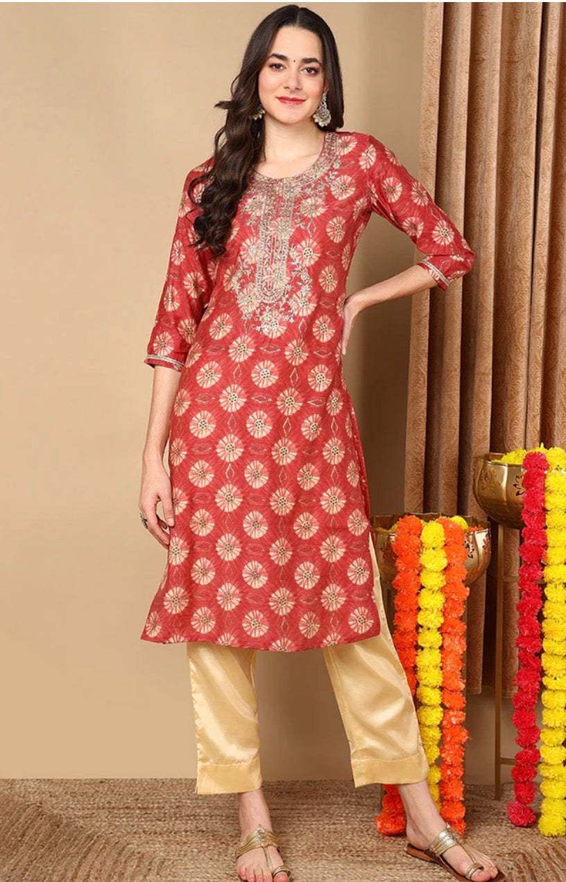 Rust Red Silk Blend Ethnic Motifs Printed Straight Kurta