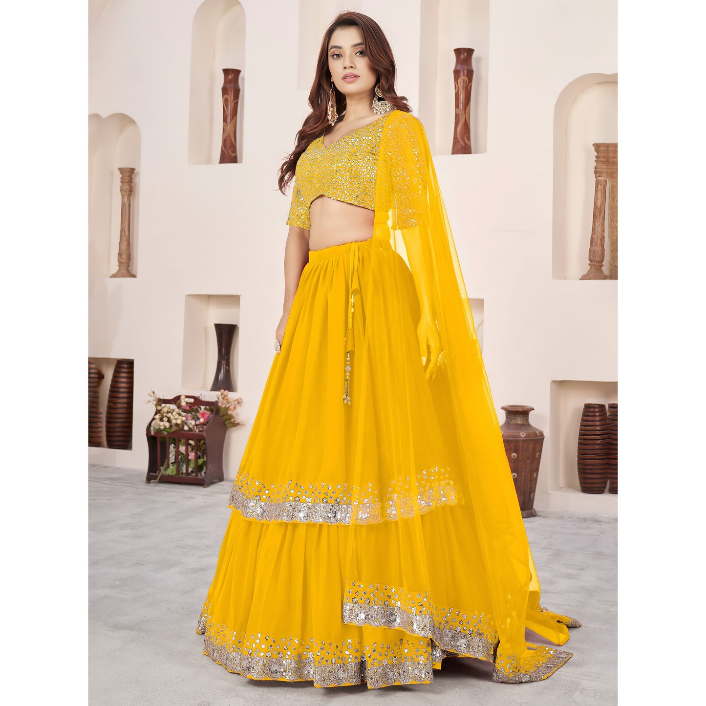 Sequins & Zari Embroidered Georgette Lehenga Set Yellow (Pre Order)