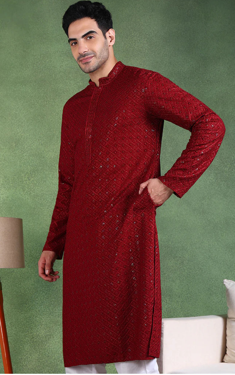 Chikankari Kurta for Men : Maroon