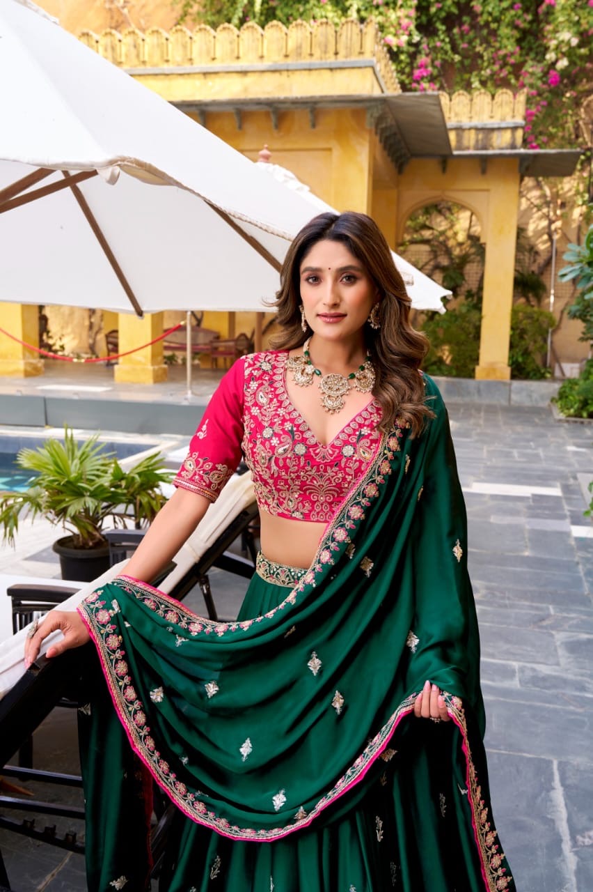 Regal Silk Satin Lehenga : Green and Pink