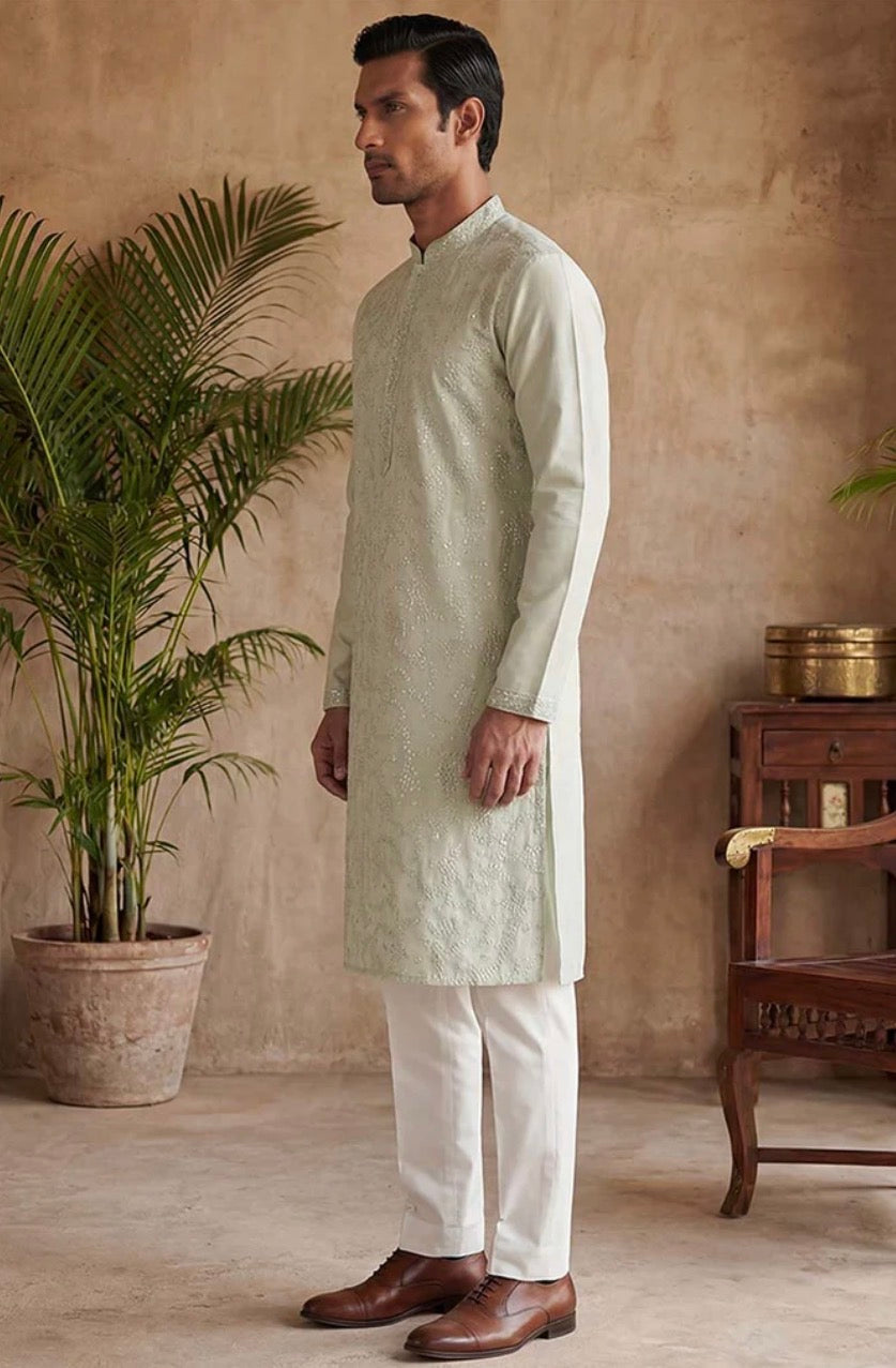 Sage Green Silk Blend Embroidered Straight Kurta for Men | Festive & Wedding Wear