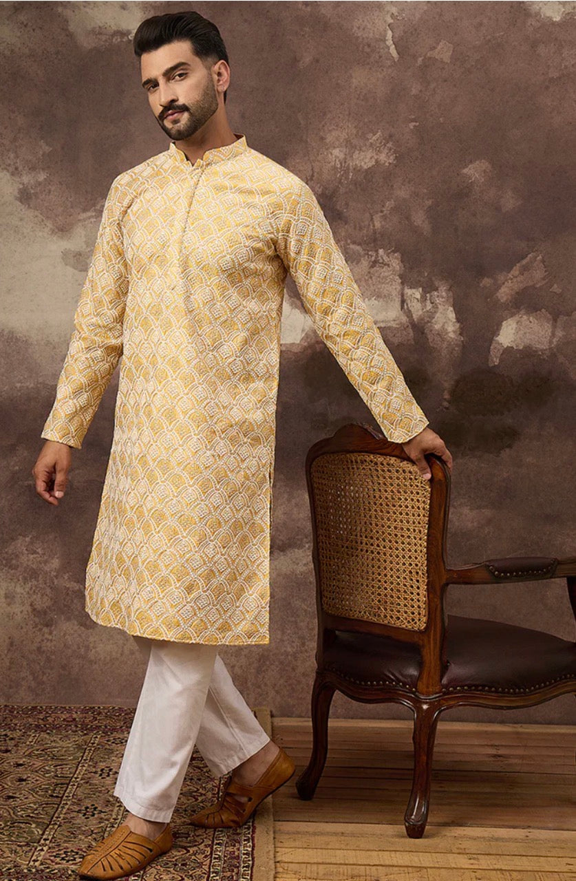 Yellow Viscose Rayon Solid Embroidered Straight Kurta