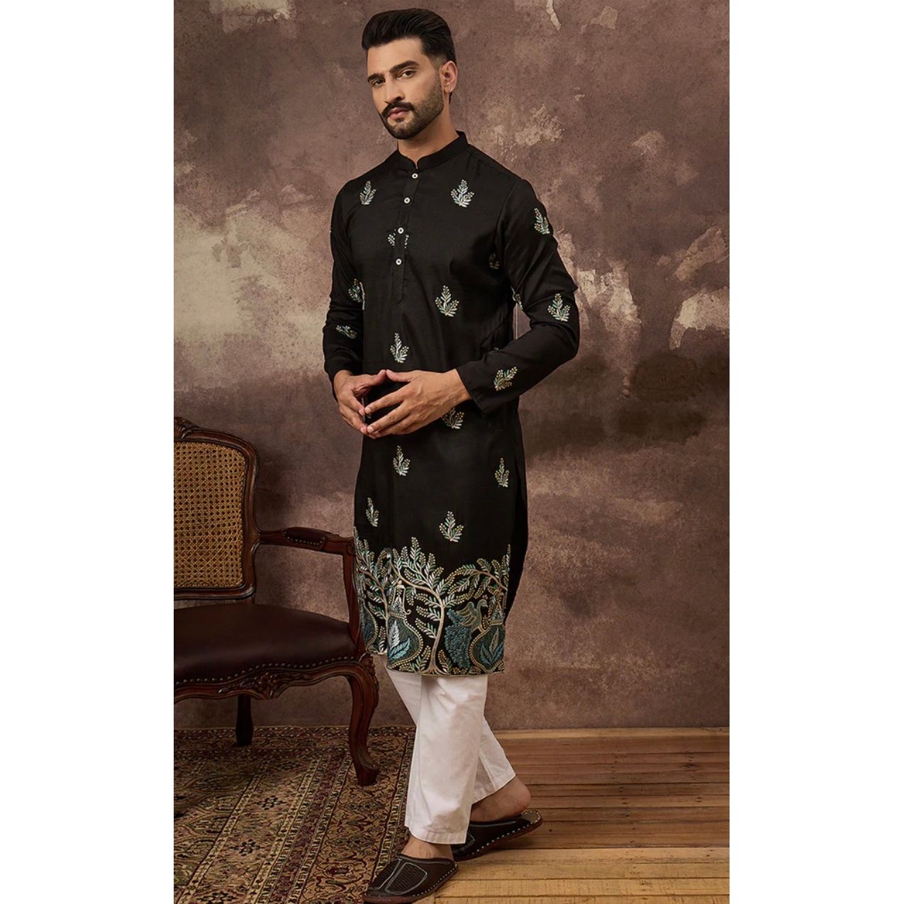 Black Silk Blend Solid Embroidered Straight Kurta