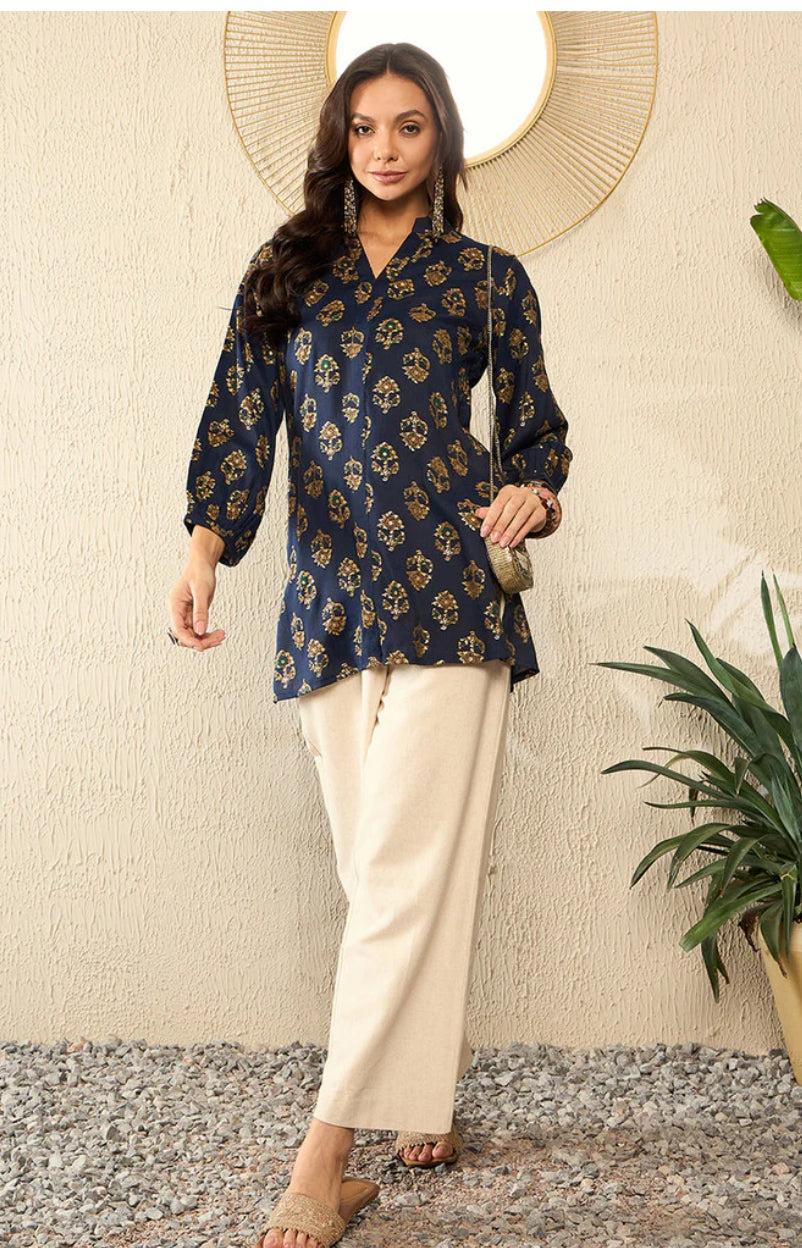 Blue Cotton Blend Floral Printed Indian Kurti /Tunic Top