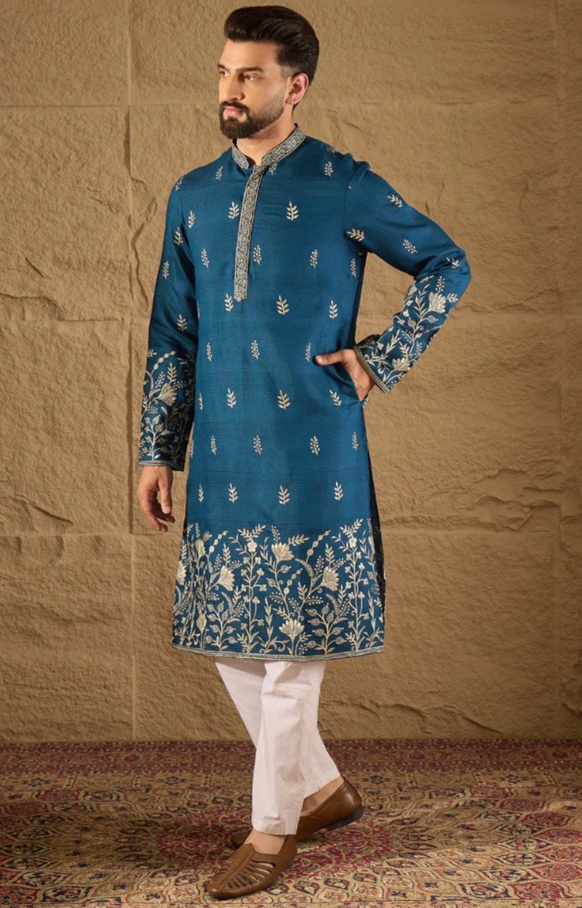 Blue Chanderi Silk Embroidered Straight Kurta