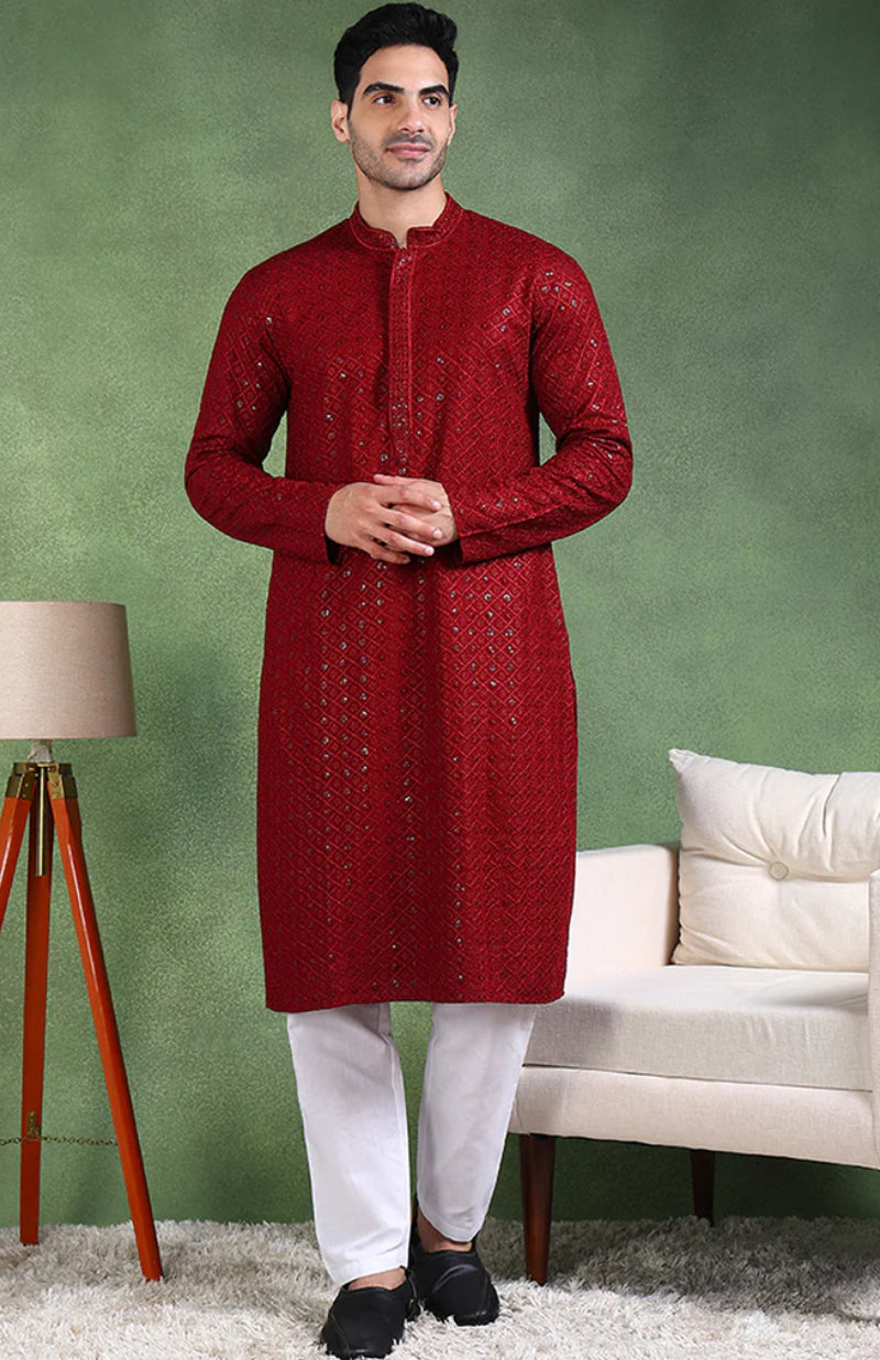 Chikankari Kurta for Men : Maroon