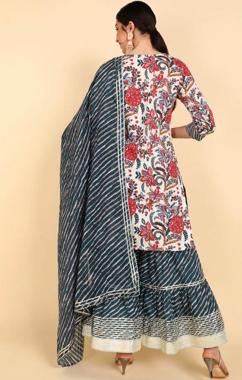 White Floral Printed Cotton Kurta Pant with Dupatta Set