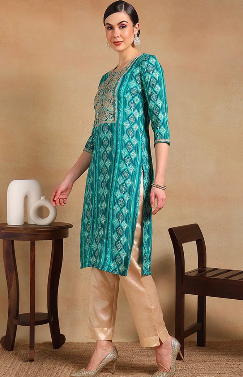 Turquoise Blue Viscose Rayon Ethnic Motifs Printed Straight Kurta