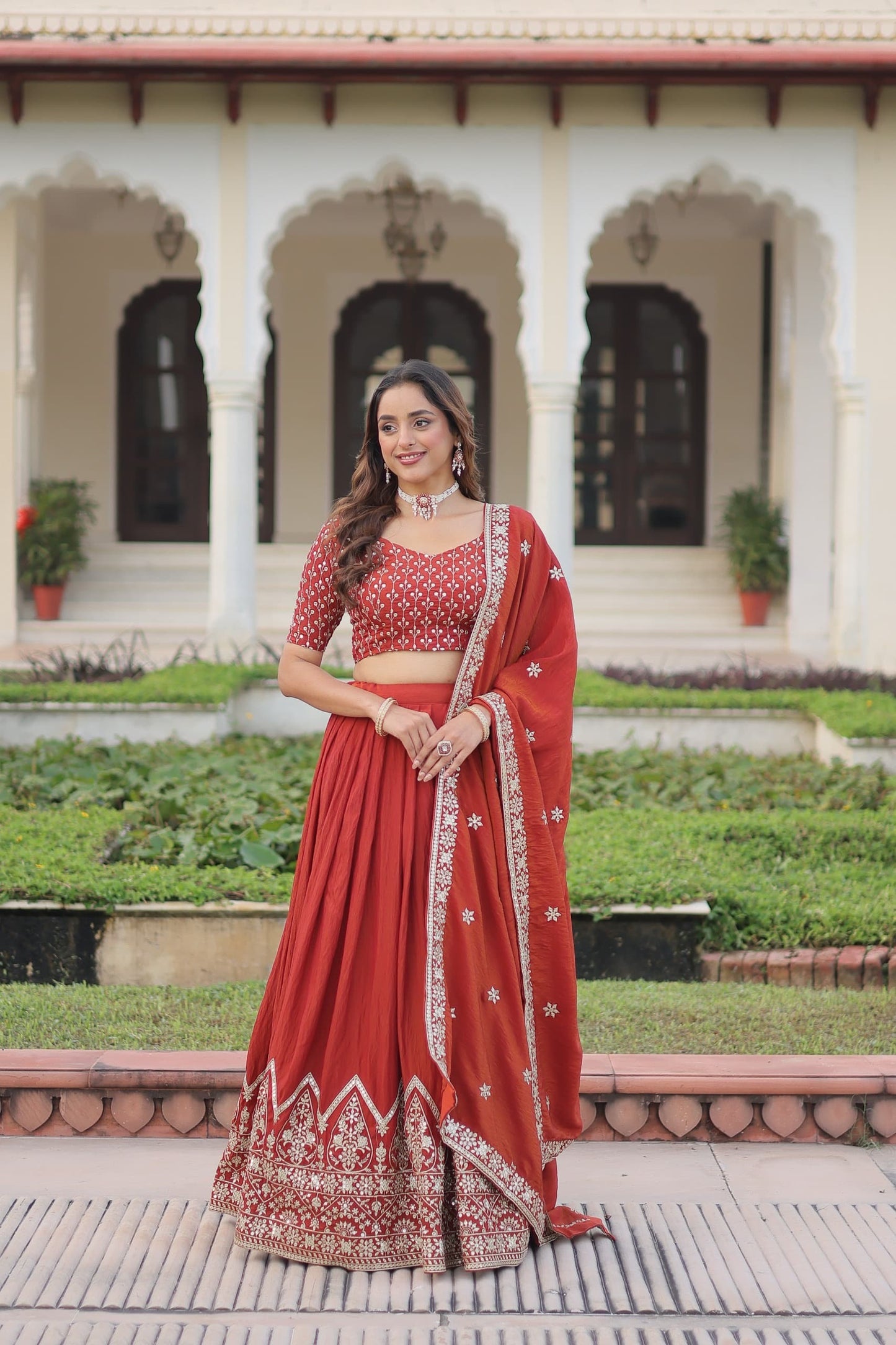 Silk Lehenga Choli Set (Pre-Order Only): Rust Orange
