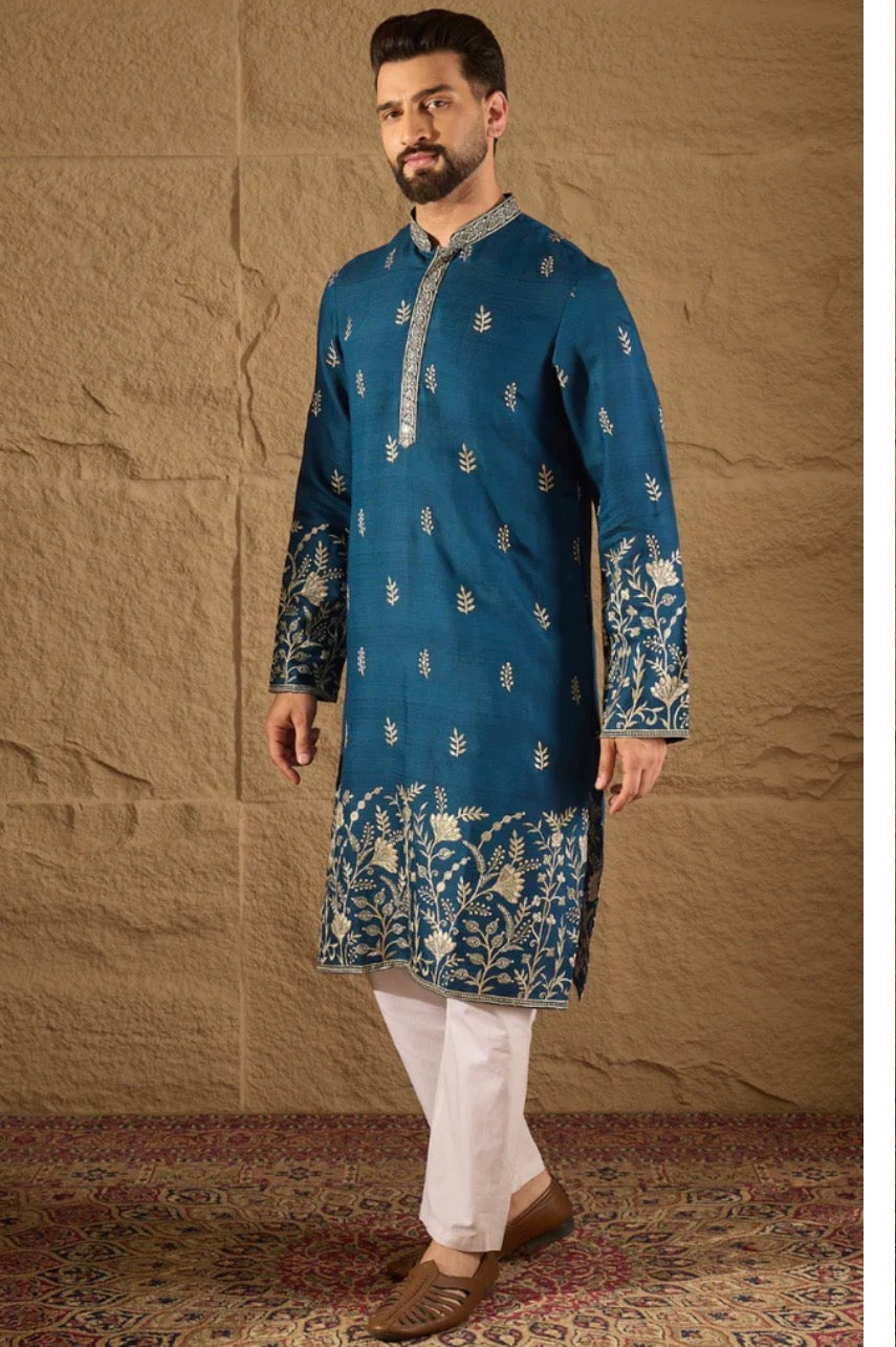 Blue Chanderi Silk Embroidered Straight Kurta