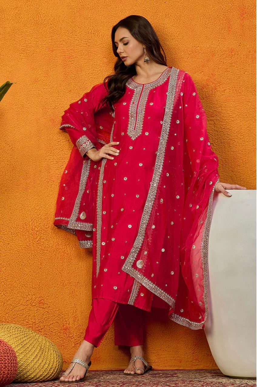 Pink Silk Blend Embroidered Kurta Set with Trousers & Dupatta