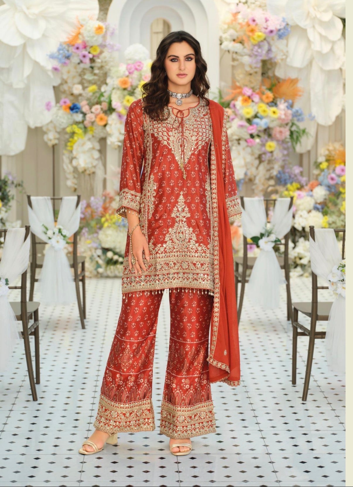 Pre-Order: Embroidered Chinon Kurta Set with Palazzo & Dupatta (Multiple Colors | XXL–3XL)