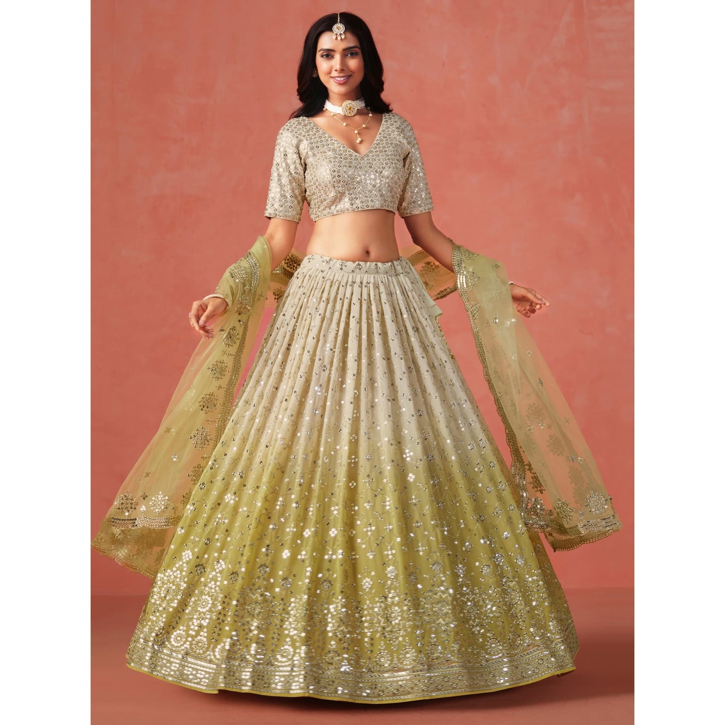 Georgette Sequins Zari Embroidered Lehenga Choli Set (Pre Order Only) Yellow