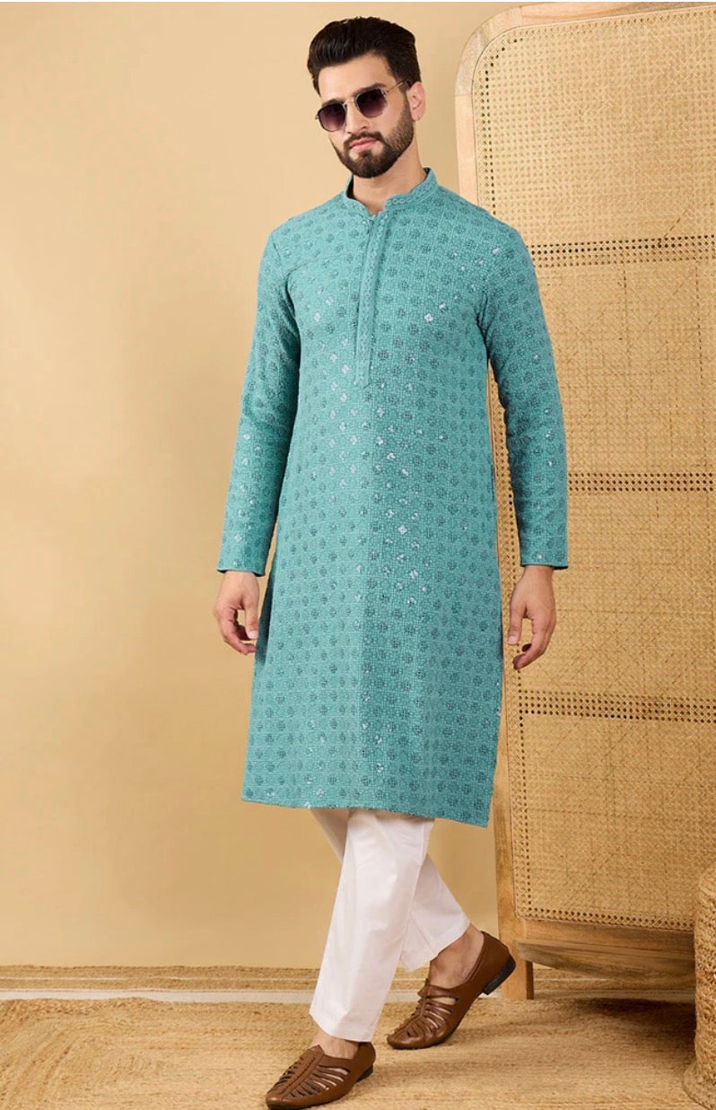 Turquoise Blue Chikankari Kurta