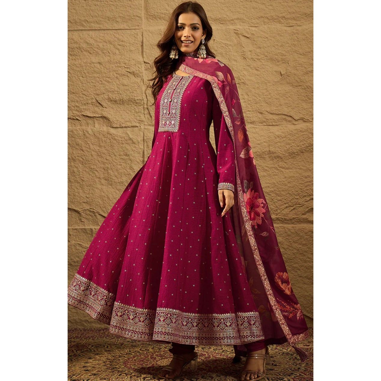 Maroon Silk Bandhani Embroidered Anarkali Kurta Set