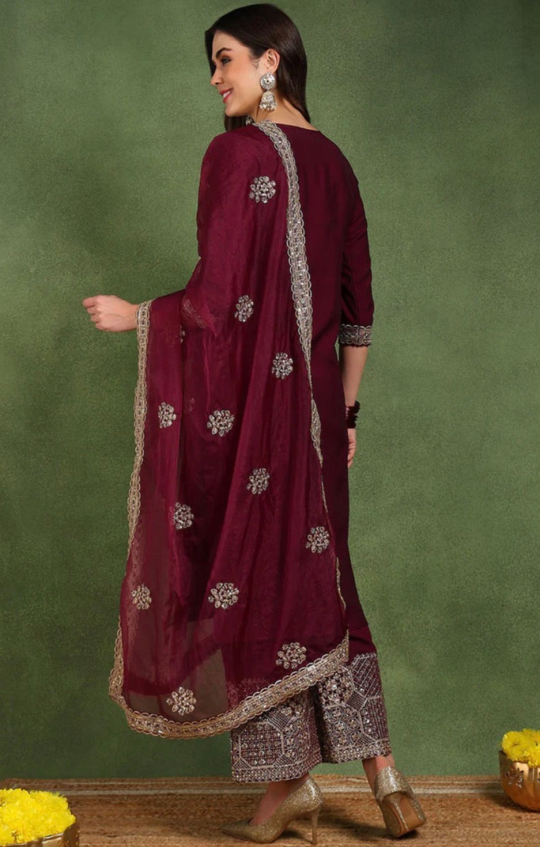 Burgundy Silk Blend Kurta Set