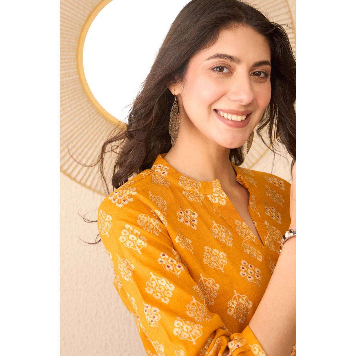 Yellow Cotton Blend Floral Printed Tunic Top