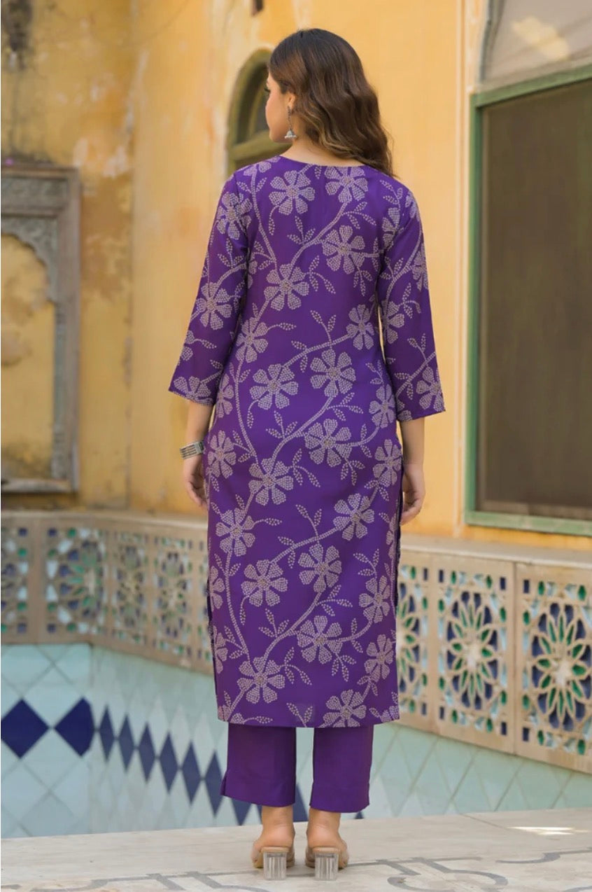 Purple Rayon Blend Bandhani Printed Straight Kurta Trouser With Dupatta
