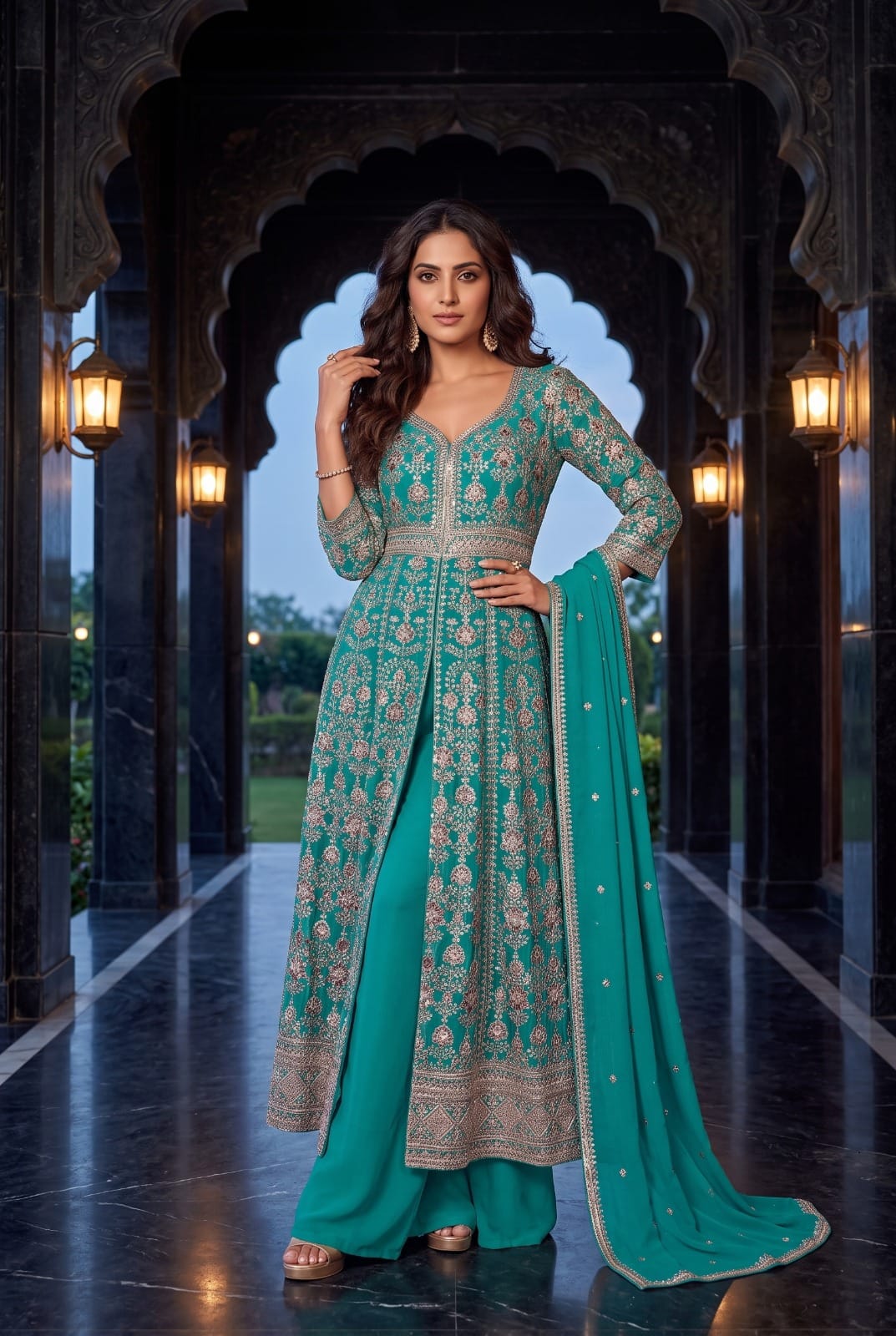 Royal Bloom Embroidered Chinon Front-Slit Palazzo Suit