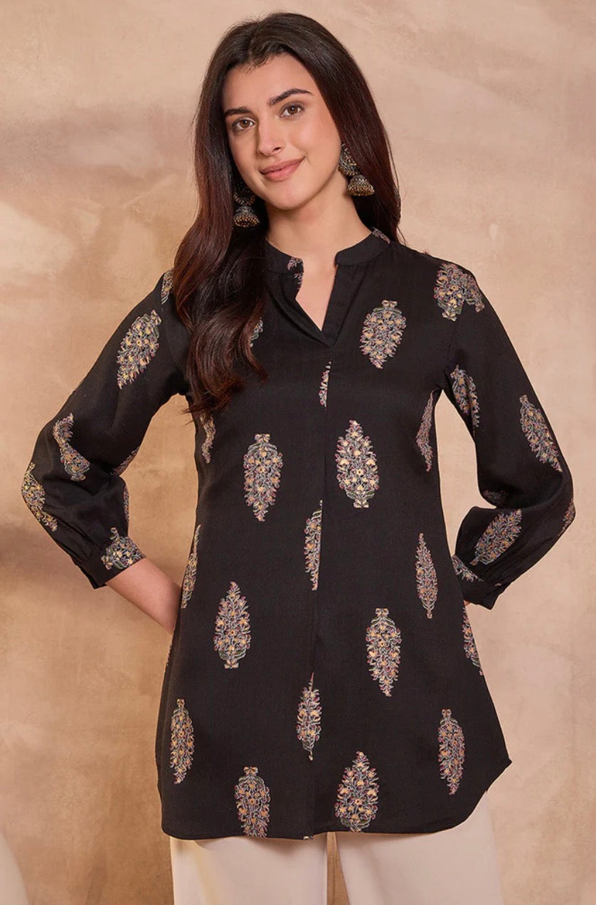 Black Cotton Blend Floral Printed Top