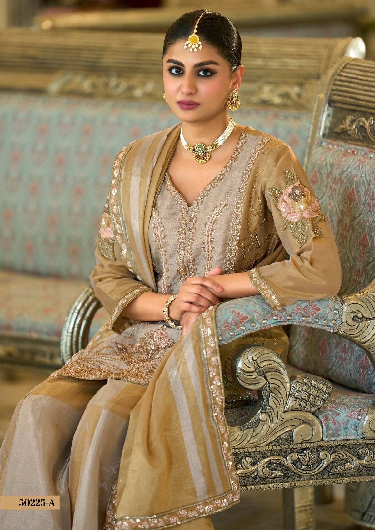 Champagne Gold Viscose Kanjivaram Palazzo Set with Dupatta