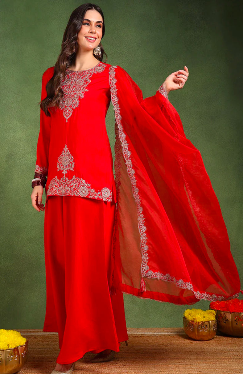 Red Silk Blend Embroidered Kurta Set for Women