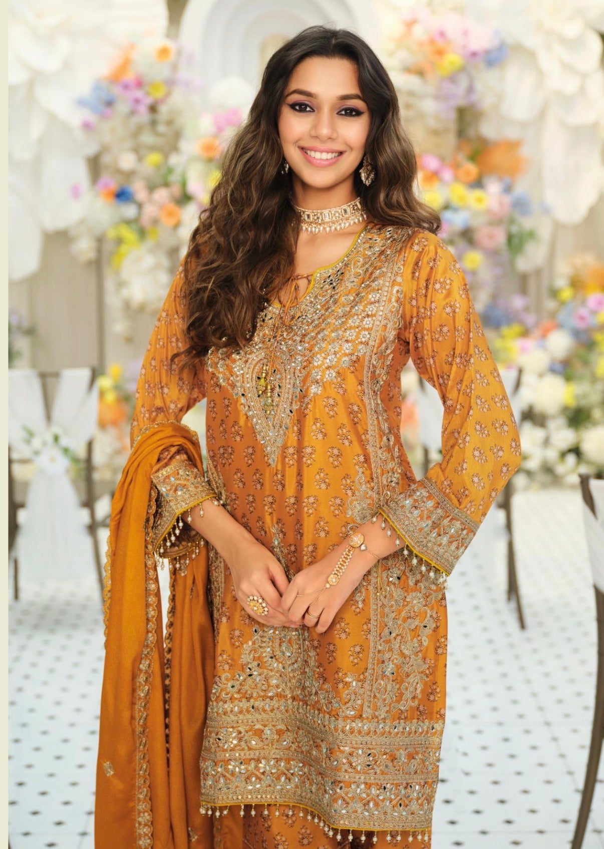 Pre-Order: Embroidered Chinon Kurta Set with Palazzo & Dupatta (Multiple Colors | XXL–3XL)