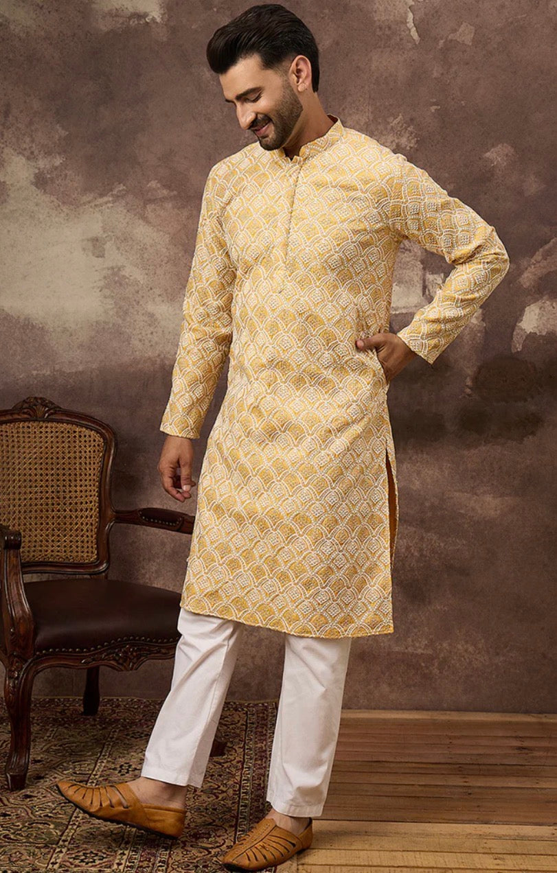 Yellow Viscose Rayon Solid Embroidered Straight Kurta
