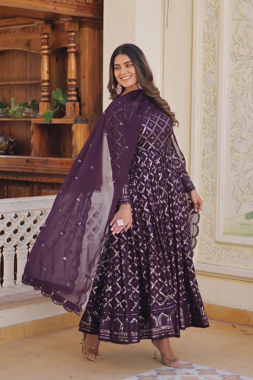 Embroidered Gown with Sequins Dupatta – Premium Festive Collection