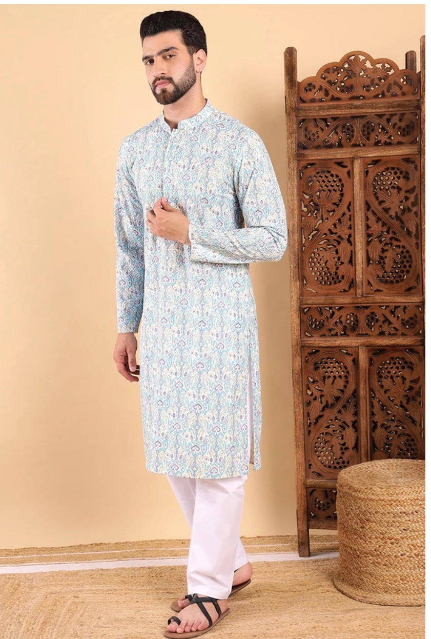 Teal Ethnic Motifs Embroidered Straight Kurta For Men
