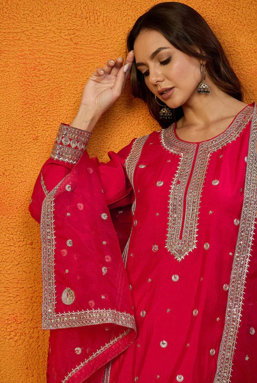 Pink Silk Blend Embroidered Kurta Set with Trousers & Dupatta