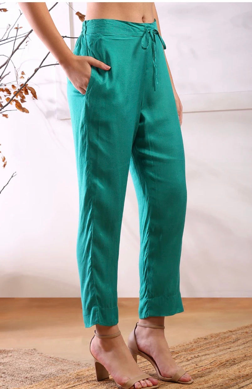 Teal Blue Organza Abstract Woven Design Straight Trouser Suit Set