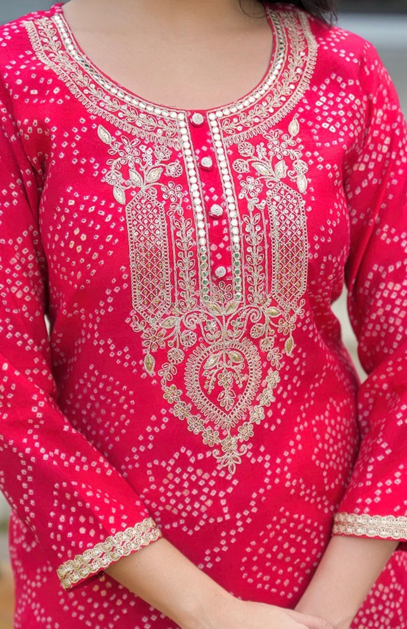 Red Silk Blend Bandhani Kurta Trousers With Dupatta